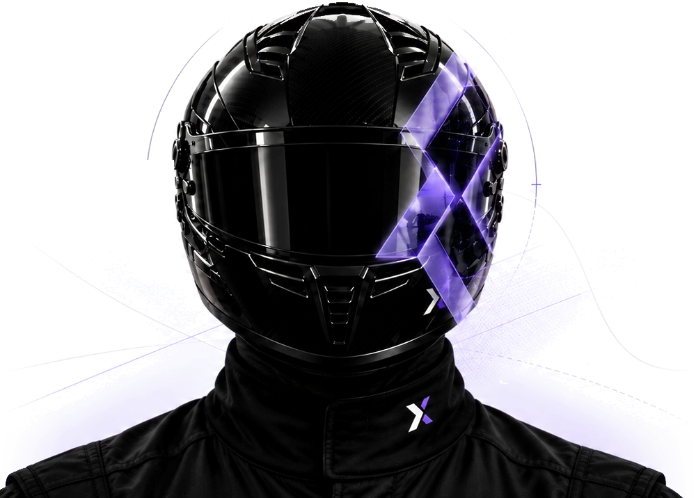 Racer in a black helmet with the 10x mark